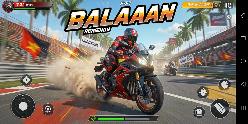 Tampilan gameplay menegangkan di F7F7 dengan balapan motor yang cepat.