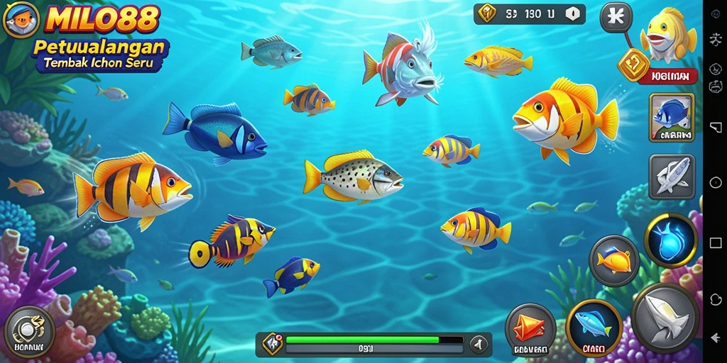 Screenshot gameplay <strong>MILO88</strong> menunjukkan aksi menembak ikan yang mendebarkan.
