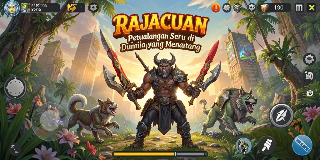Screenshot menunjukkan pemain menjelajahi dunia yang menantang di RAJACUAN.