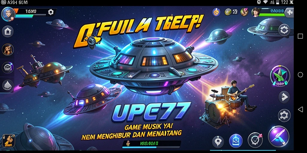 Tampilan gameplay yang seru dalam UFO77, menampilkan interaksi musik yang menarik.