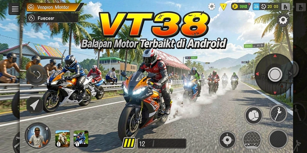 Screenshot gameplay VT38 menampilkan balapan motor yang mendebarkan.